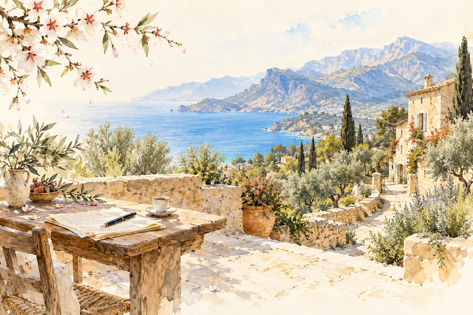 Illustration: ein Schreibplatz auf einer hellen Mallorca-Terrasse mit Blick aufs Meer